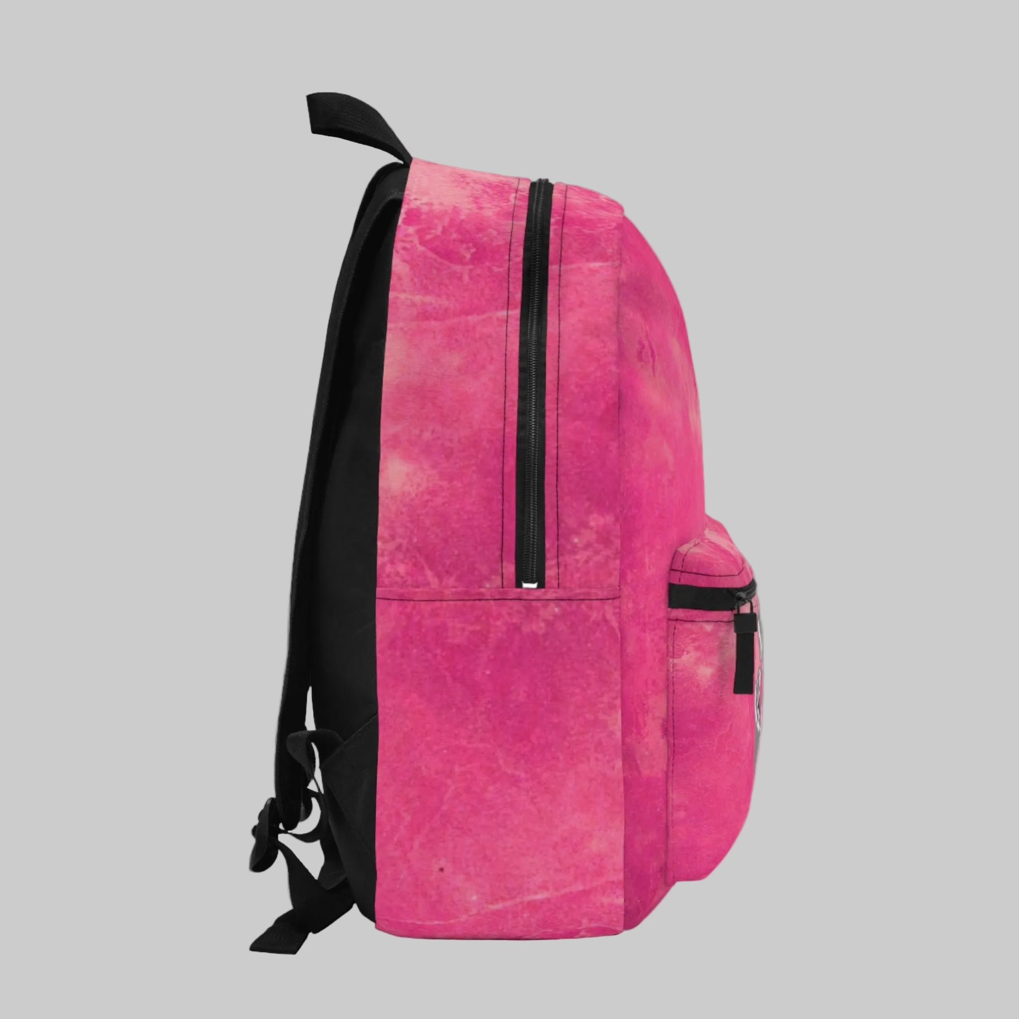 Pink backpack with black zippers