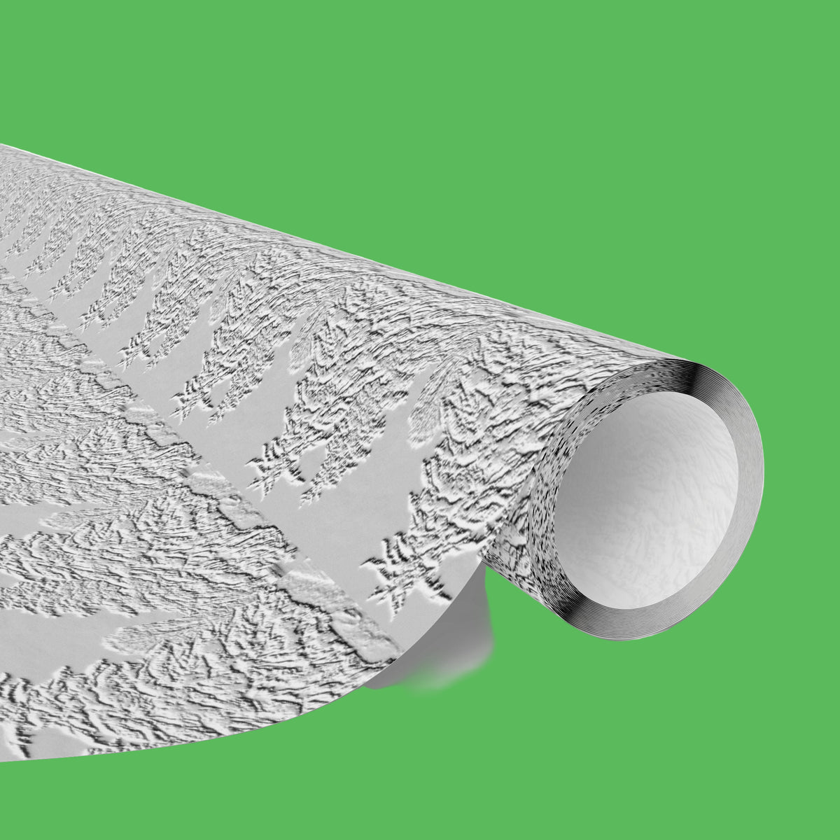 Roll of textured silver wallpaper on a green background
