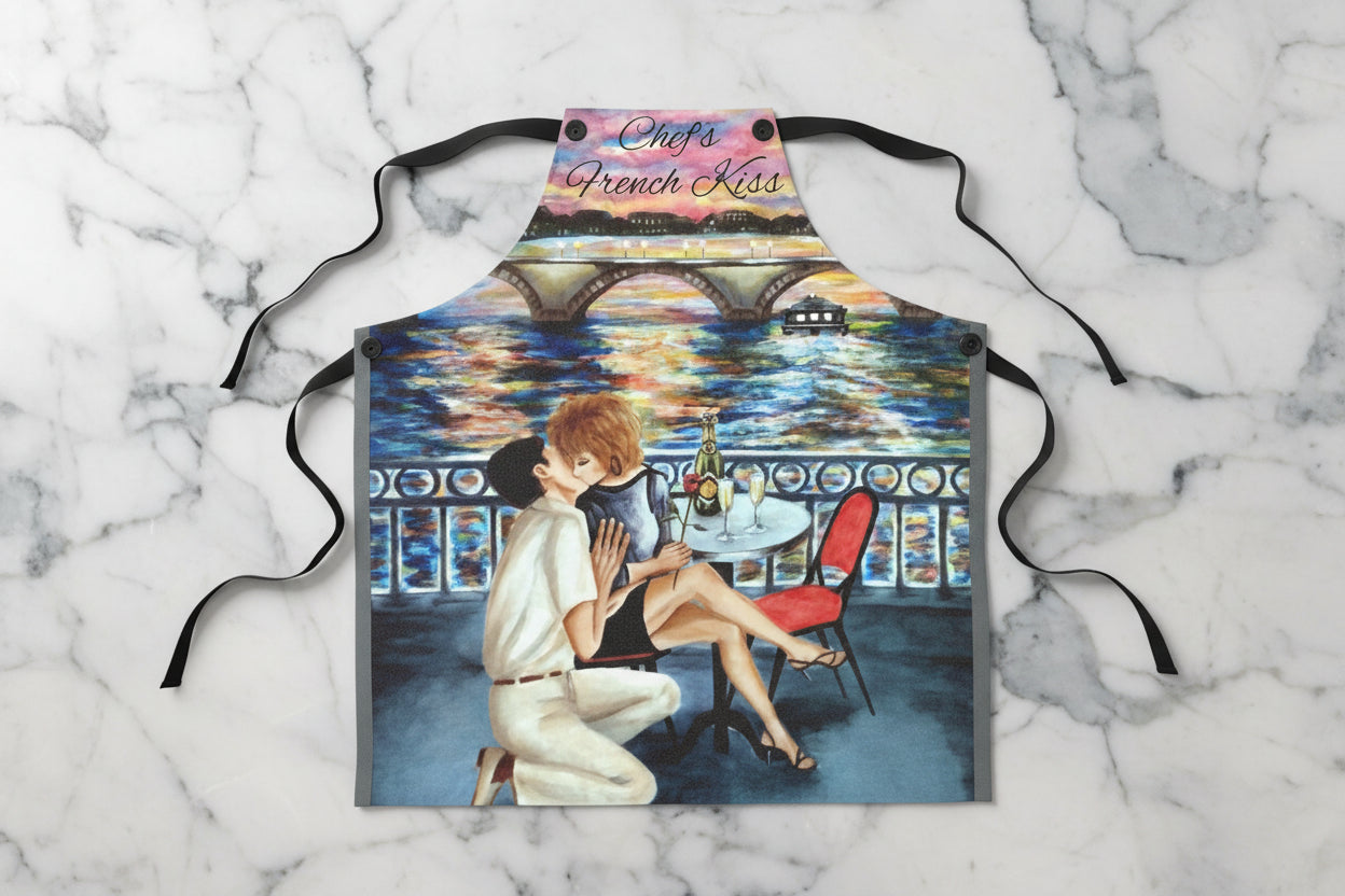 Apron with a painted Parisian romantic scene of 'The French Kiss'