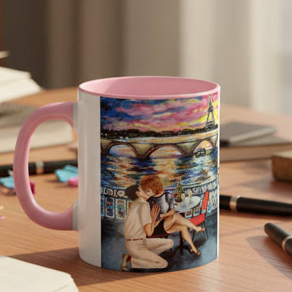 Mug with a romantic scene of a couple by the Eiffel Tower at sunset pink, red or black accents