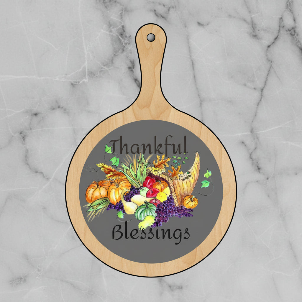 Decorative cutting board with Thankful Blessing design and text and Cornucopia painting