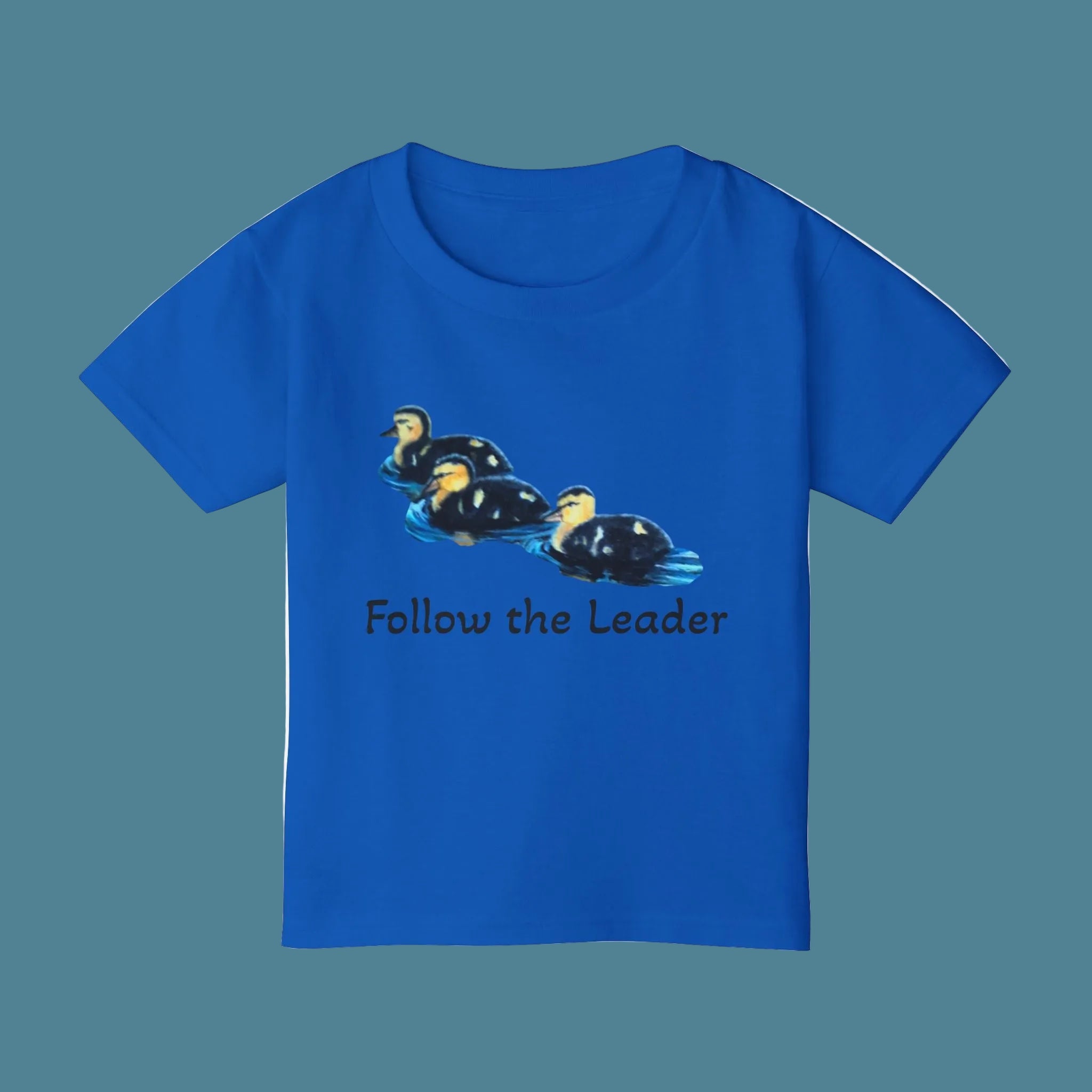 Royal Blue child's Tee with fun painted ducklings and text on front and back