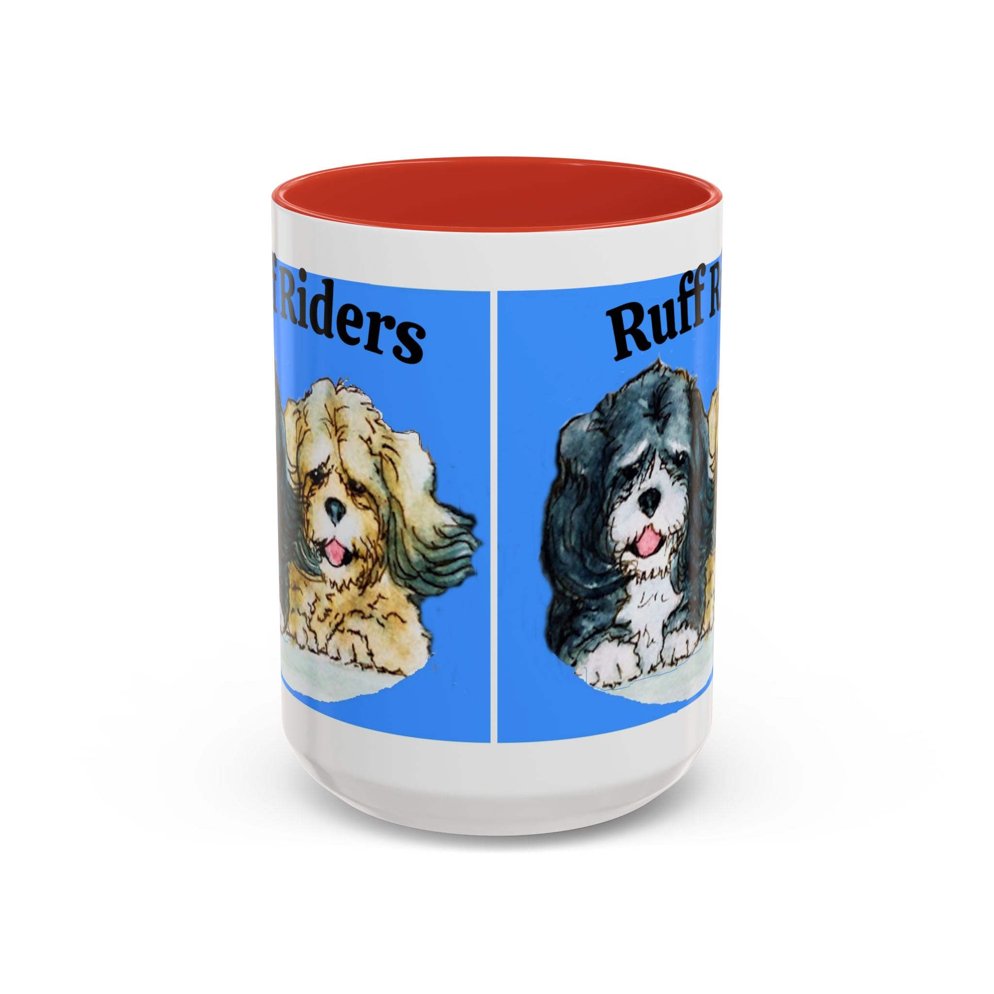 Mug with dog illustrations and text on a white background