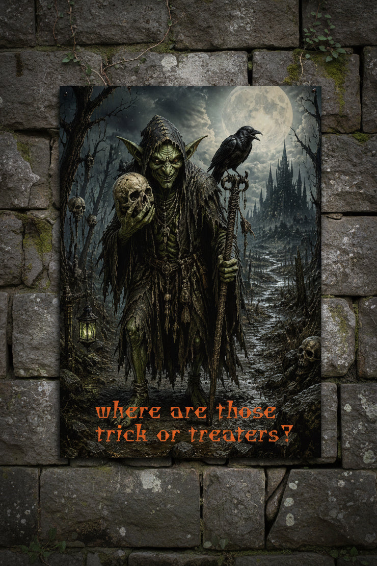 A vertical gothic art print featuring a dark, eerie scene with a hooded goblin-like figure holding a skull and staff, with a raven on its shoulder, bare trees, a full moon, and the text 'where are those trick or treaters?' in orange at the bottom.