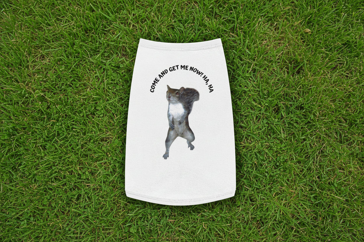 White dog tank with a printed design of a squirrel and text in white, pink, grey, black