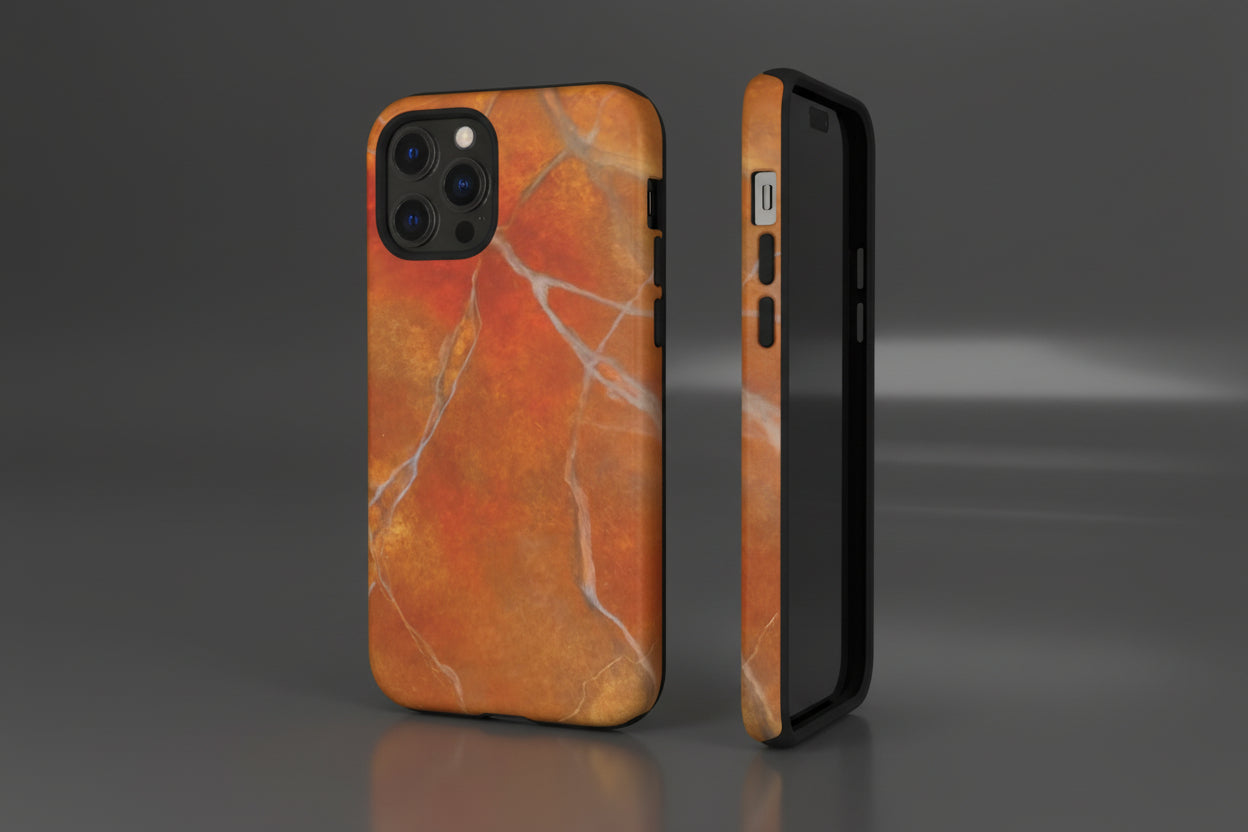 Phone case in sophisticated red orange marble design that is impact resistant tough in glossy or matte finish