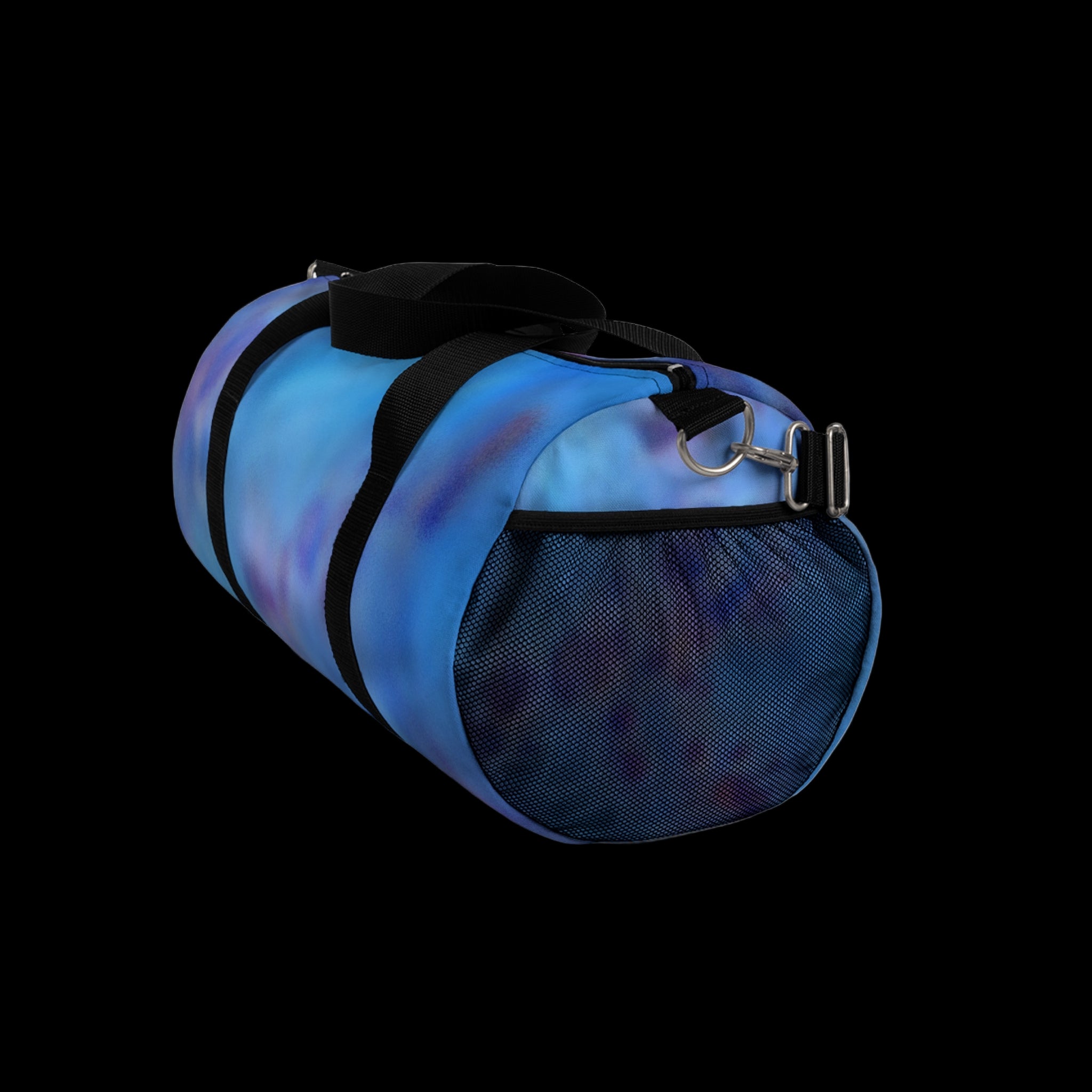 Blue duffel bag with black straps shows Mesh End compartment