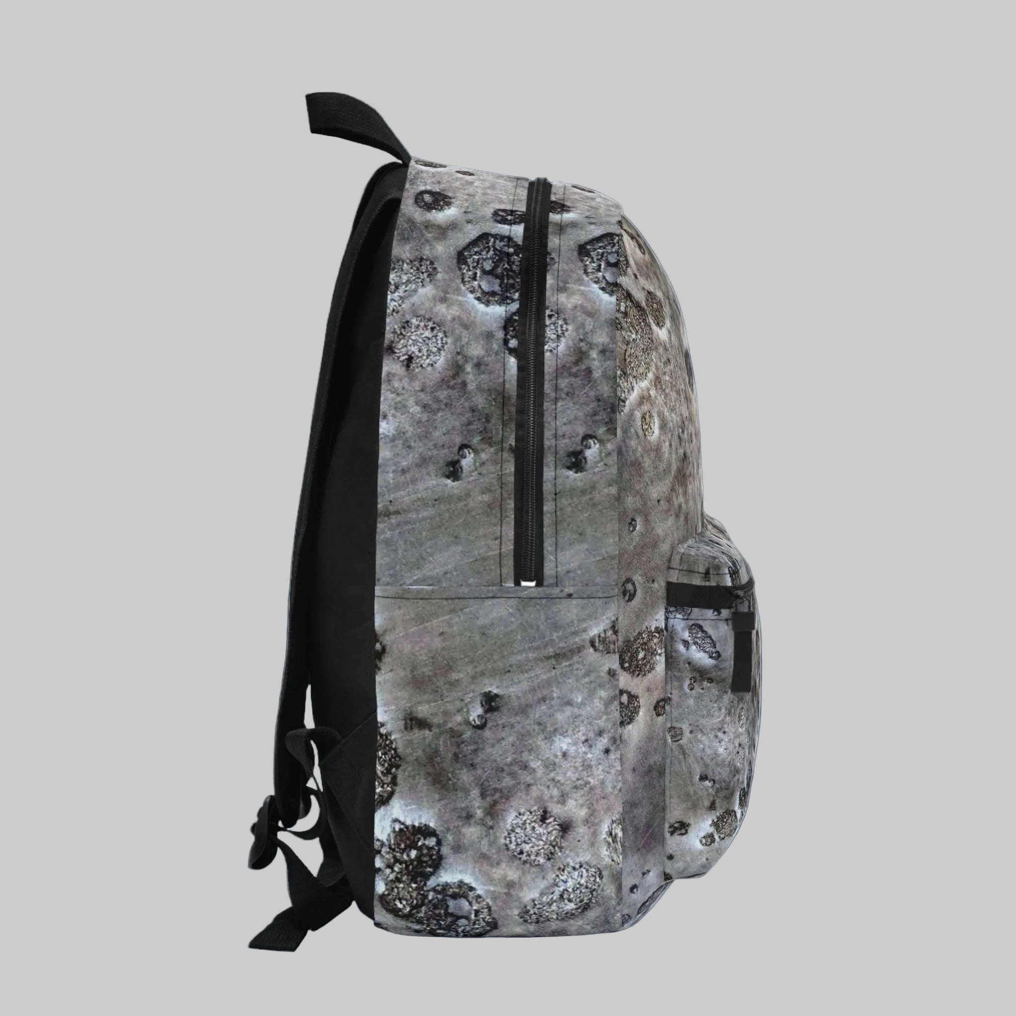 Backpack with a gray and black pattern on a white background