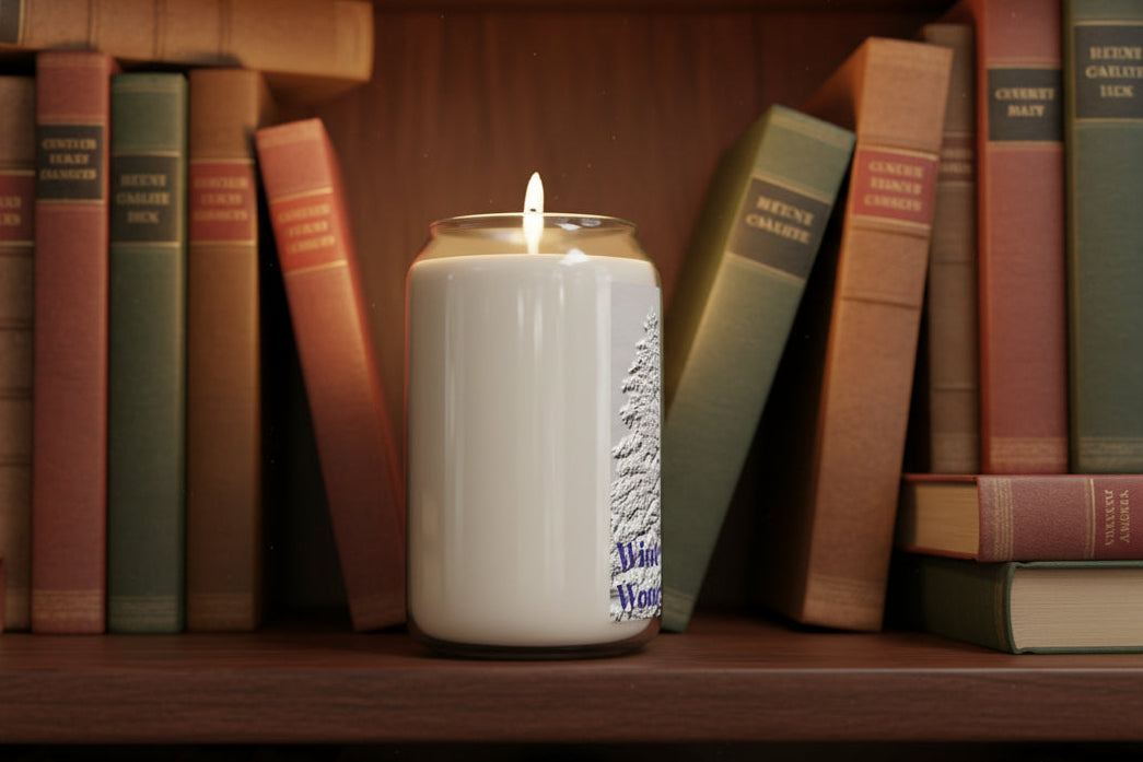 White soy candle in a glass jar with Winter Wonderland message