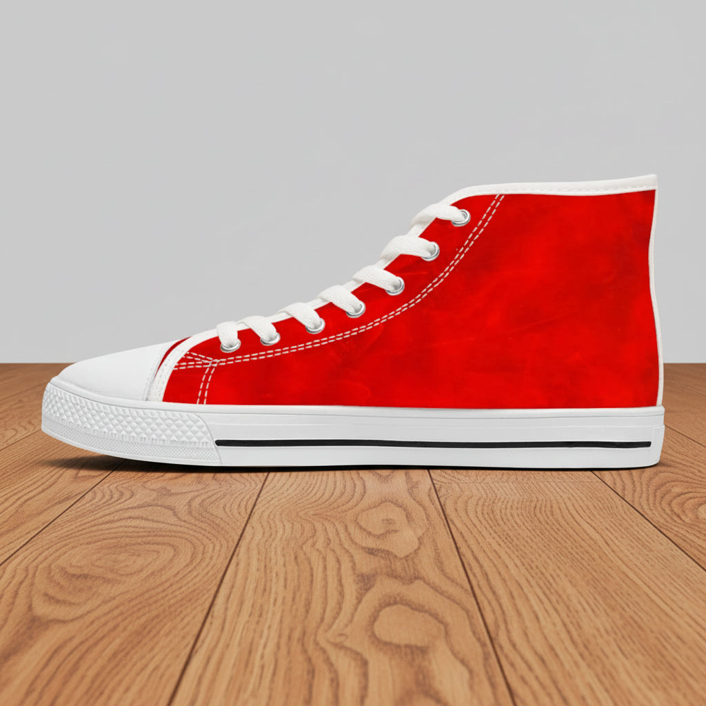 Unisex High-top sneaker with a textured look red canvas upper, white laces, a white rubber toe cap, and a white midsole with a thin black stripe will definitely draw attention