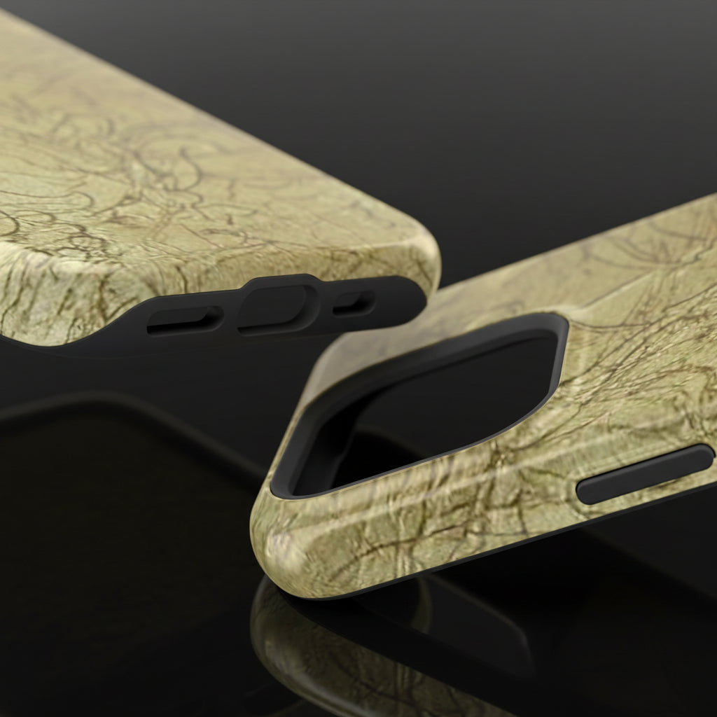 Close-up of an i phone case with a textured surface and black accents and precise cutouts