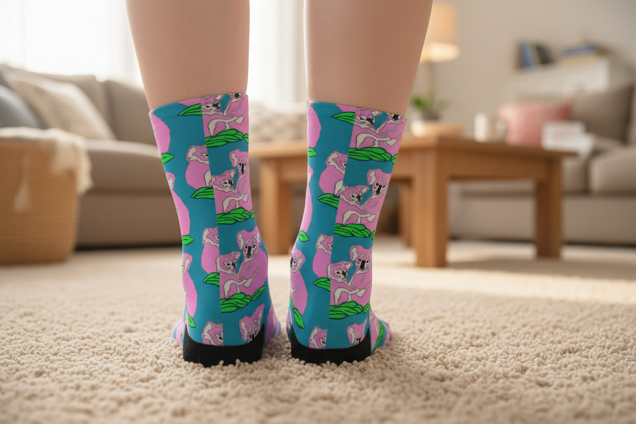Colorful socks with a Pink Koala pattern and black heels and toes - durable