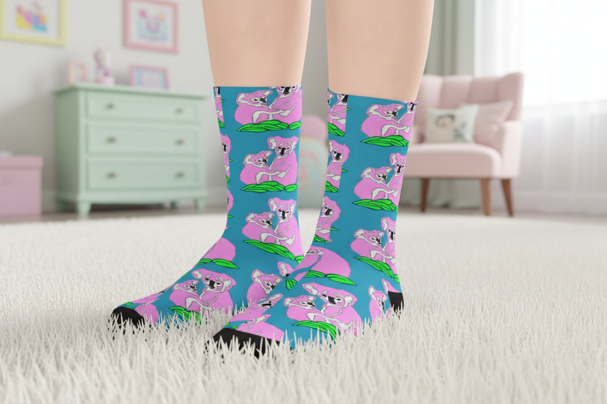 Colorful socks with pink koala design on a blue background - trend setter