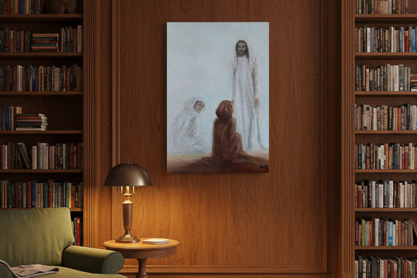 Painting of Jesus and follower in a white robe speaking with a living follower answering questions.