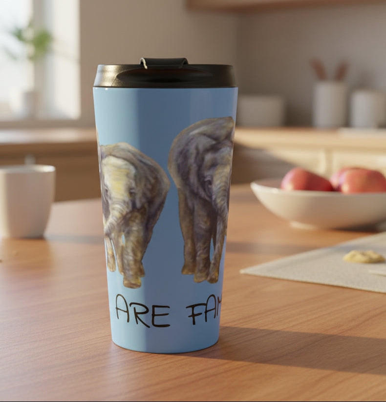 Stainless Steel Travel mug with Lid and elephant design and We are Family text