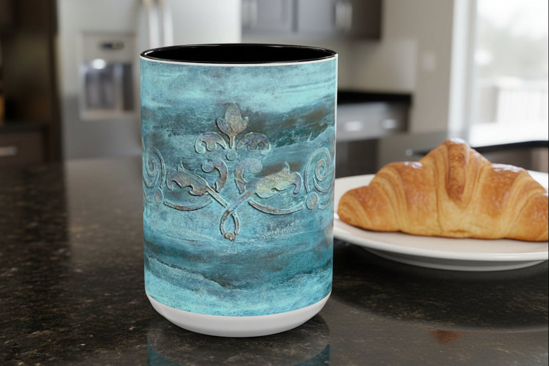 Aqua colors Mug with embossed scroll in 15 oz with black accents