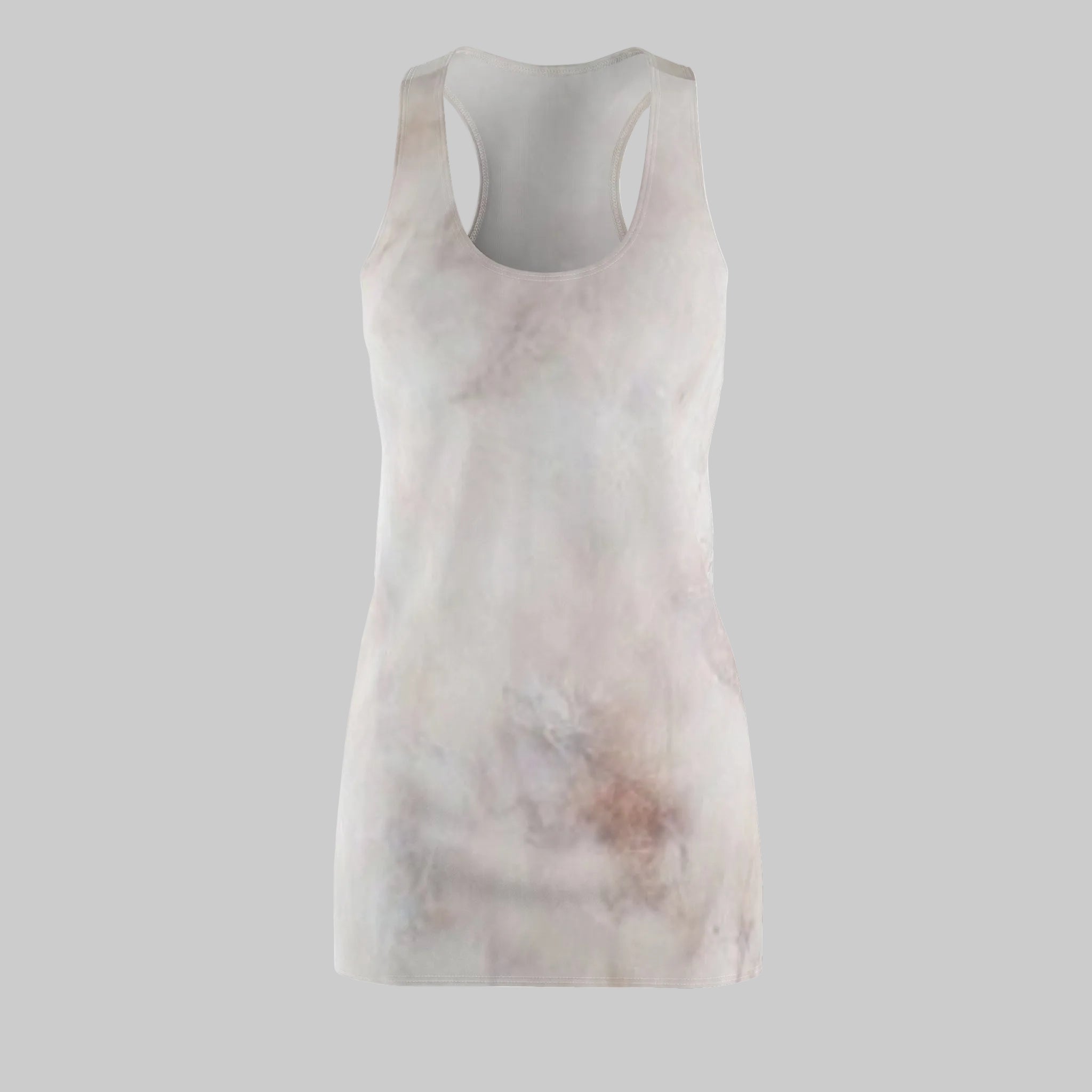 A sleeveless racerback tank dress with a soft, watercolor-like abstract design in pale pink, beige, and white XS-2XL