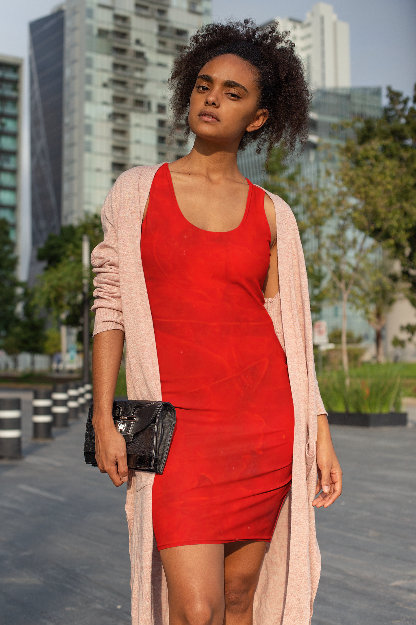 Flatter racer back dress in hot red abstract design XS-2XL