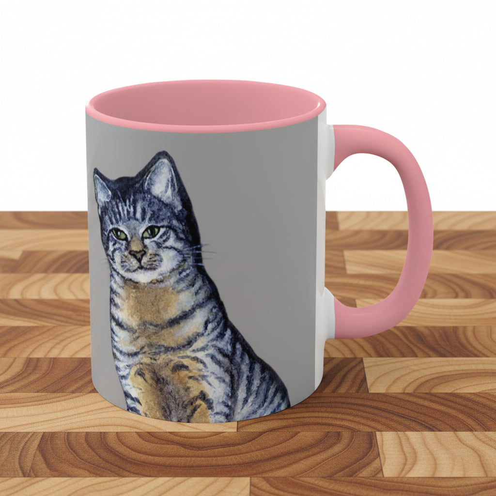 Mug with a cat illustration on a gray background and pink interior and handle