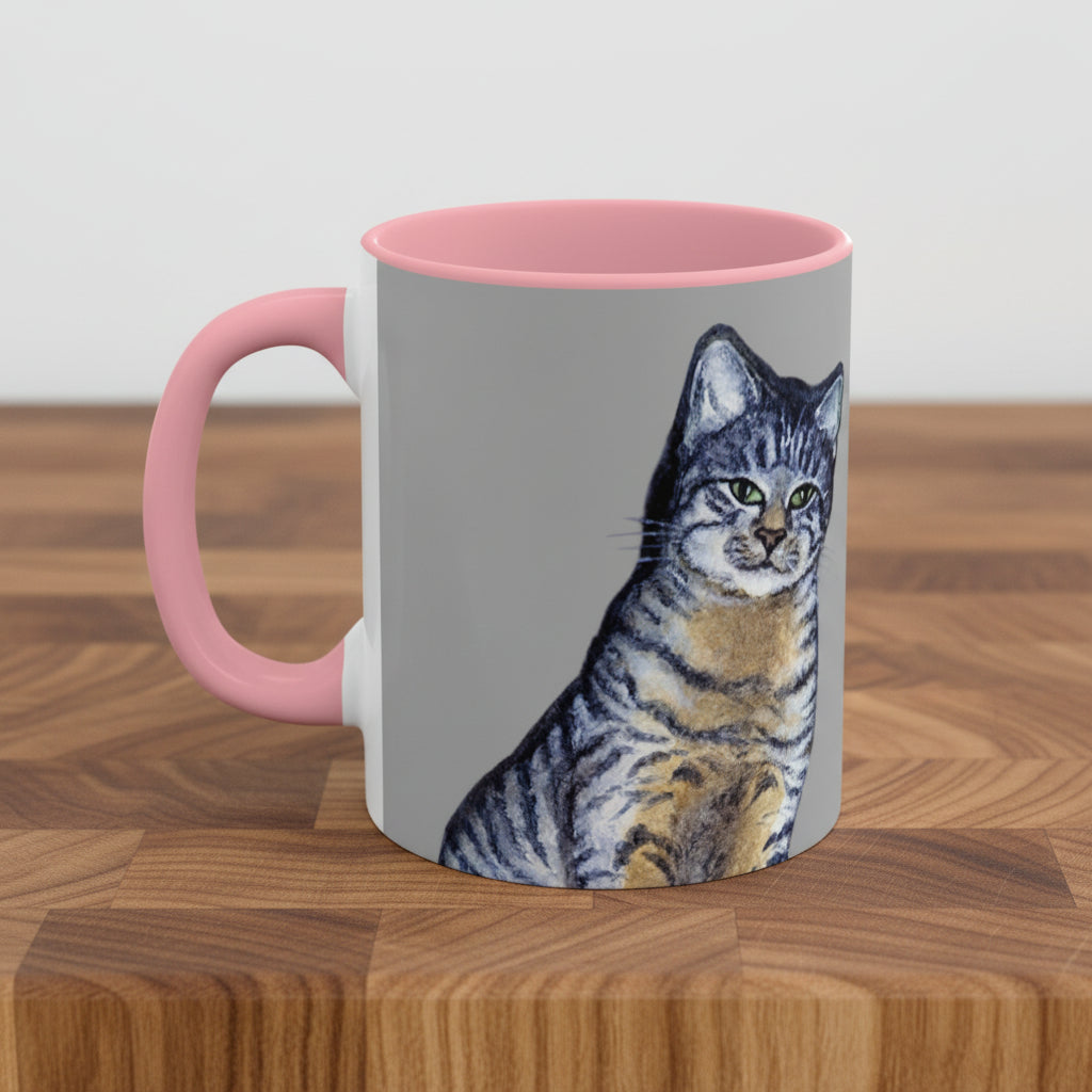 Mug with a tabby cat design on a gray background is perfect gift for cat lovers
