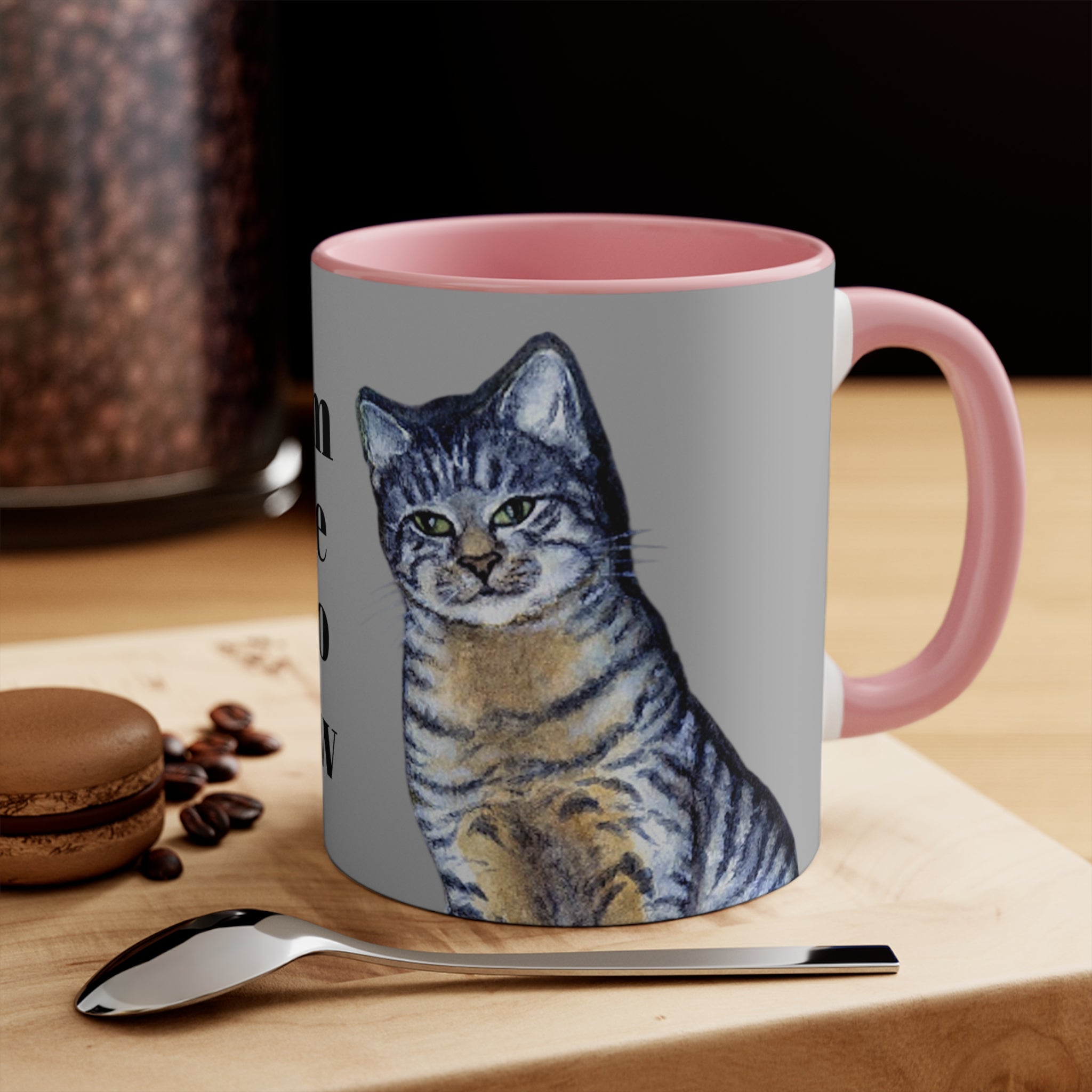 Mug with a 2 tabby cat design and MEOW message with 'C' Handle for comfort