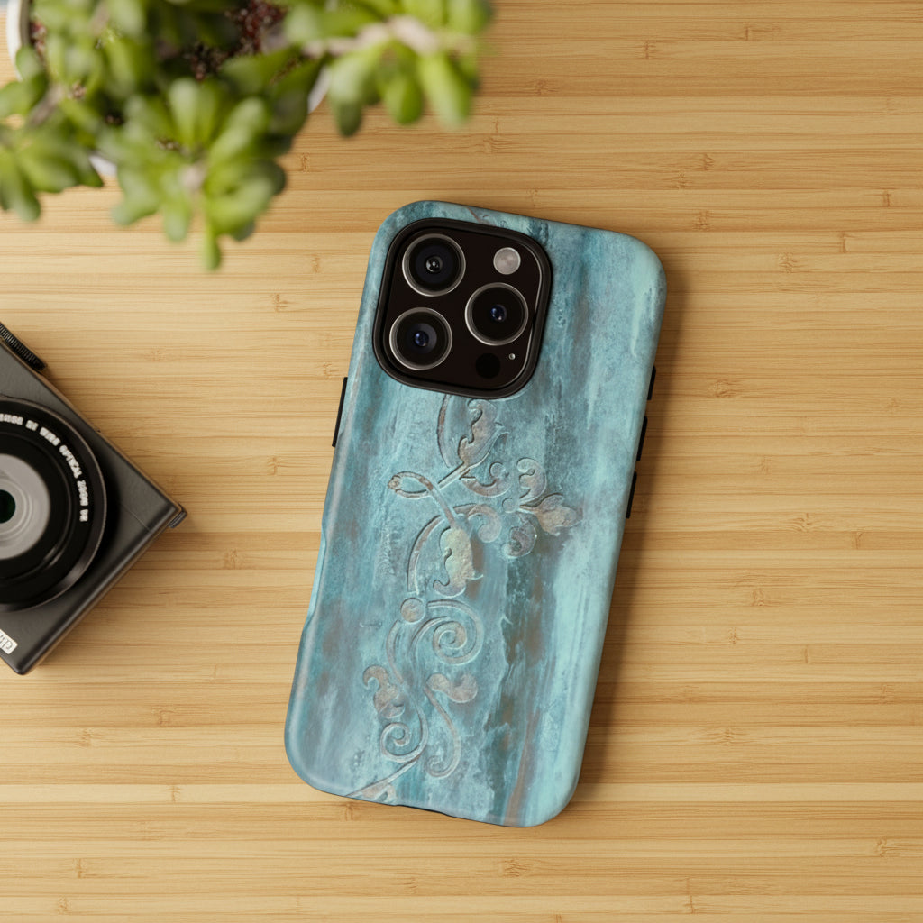 Phone Case in Elegant Teals with Decorative Scroll Design in 3D Wrap and Impact Resistant Toughness