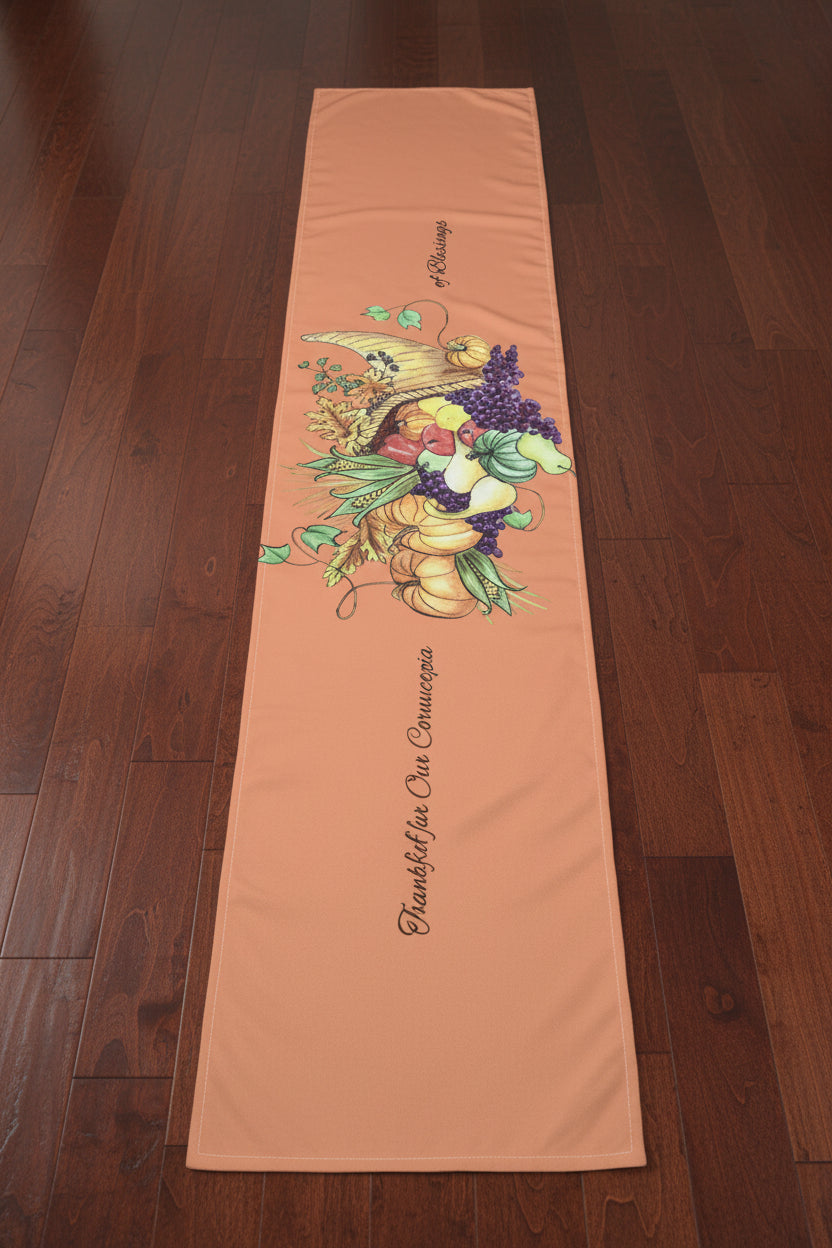 Light orange holiday table runner with a painted cornucopia design in Cotton Twill or Polyester