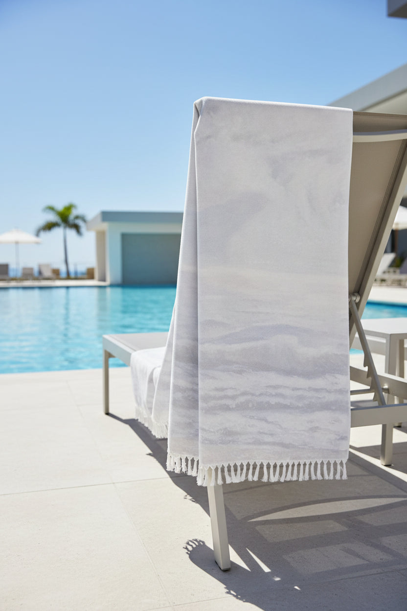 View of the back of this fast drying beach towel with boho - fringe retains it's shape