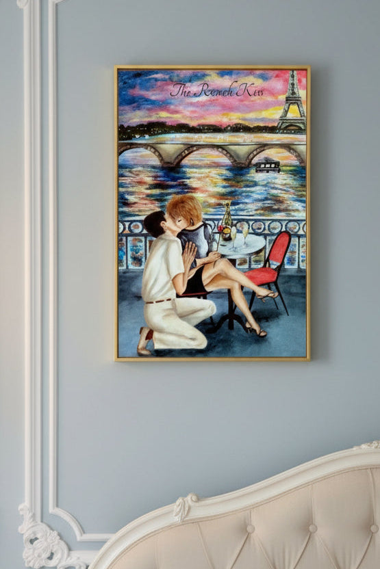 Decorative Print of a painting of a couple in a romantic setting in Paris titled 'The French Kiss'