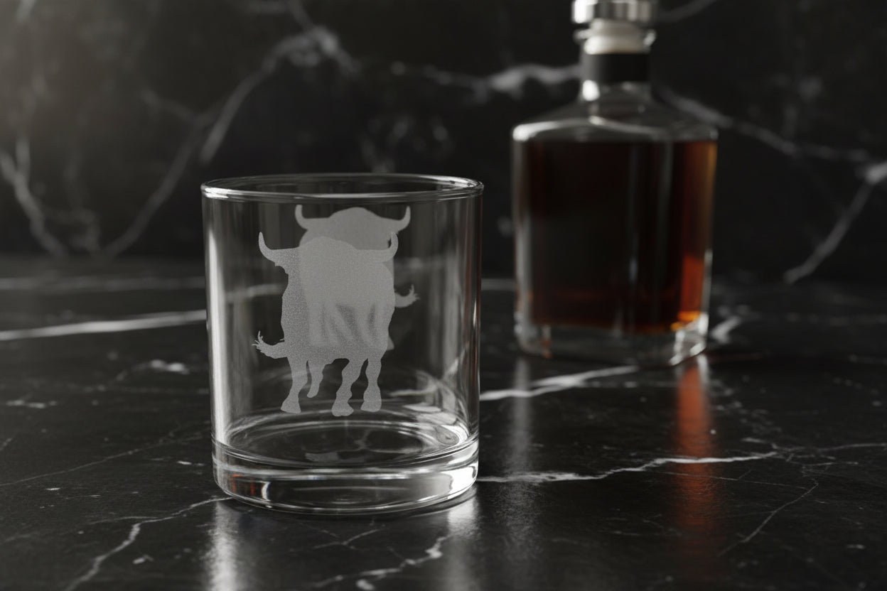 This impressive whiskey glass has a heavy bottom and a strong charging Bull etched on the sides and bottom