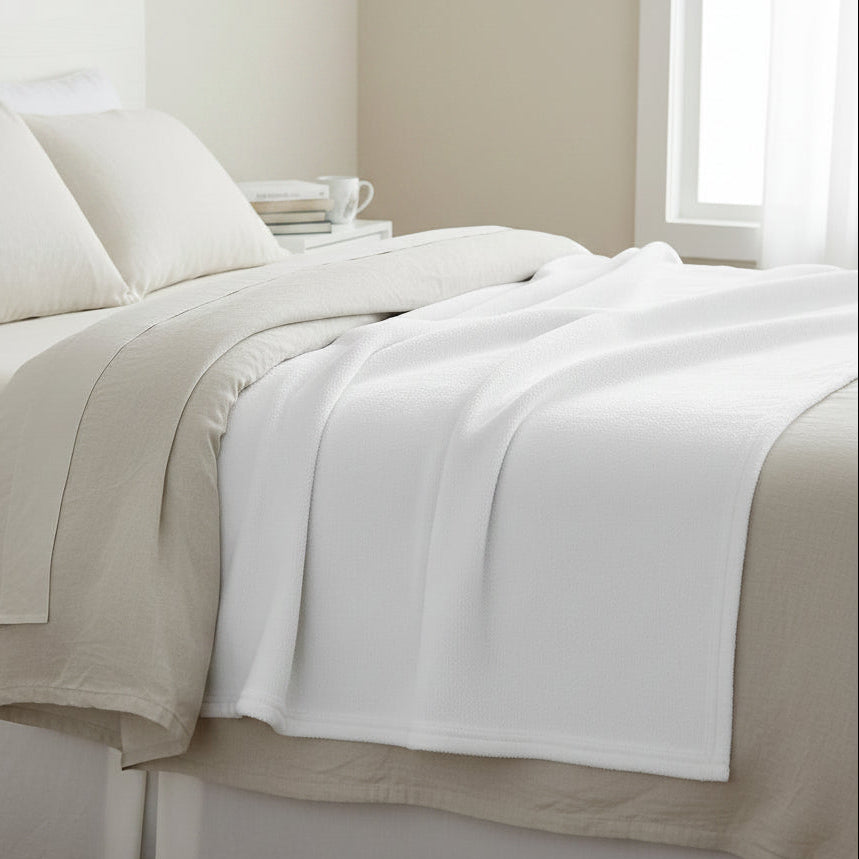 White back of soft throw fabric on a bed lays upside down over bedspread