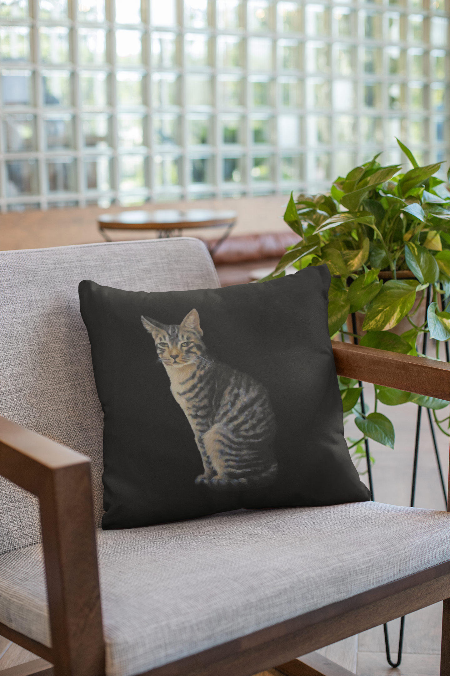 Pillow with a Tabby Cat Painting on Black Background in 26" x 26"