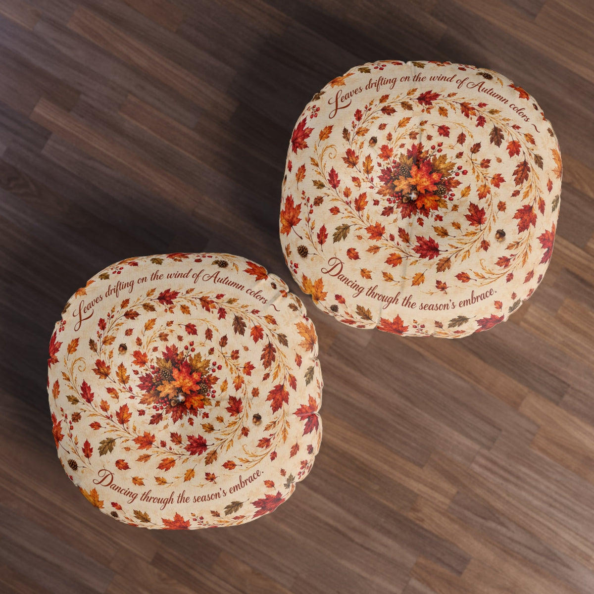 View of front and back of Fall Floor Pillow with a fall-themed Leaf pattern and cursive text poem - 26 x 26 and 30 x 30