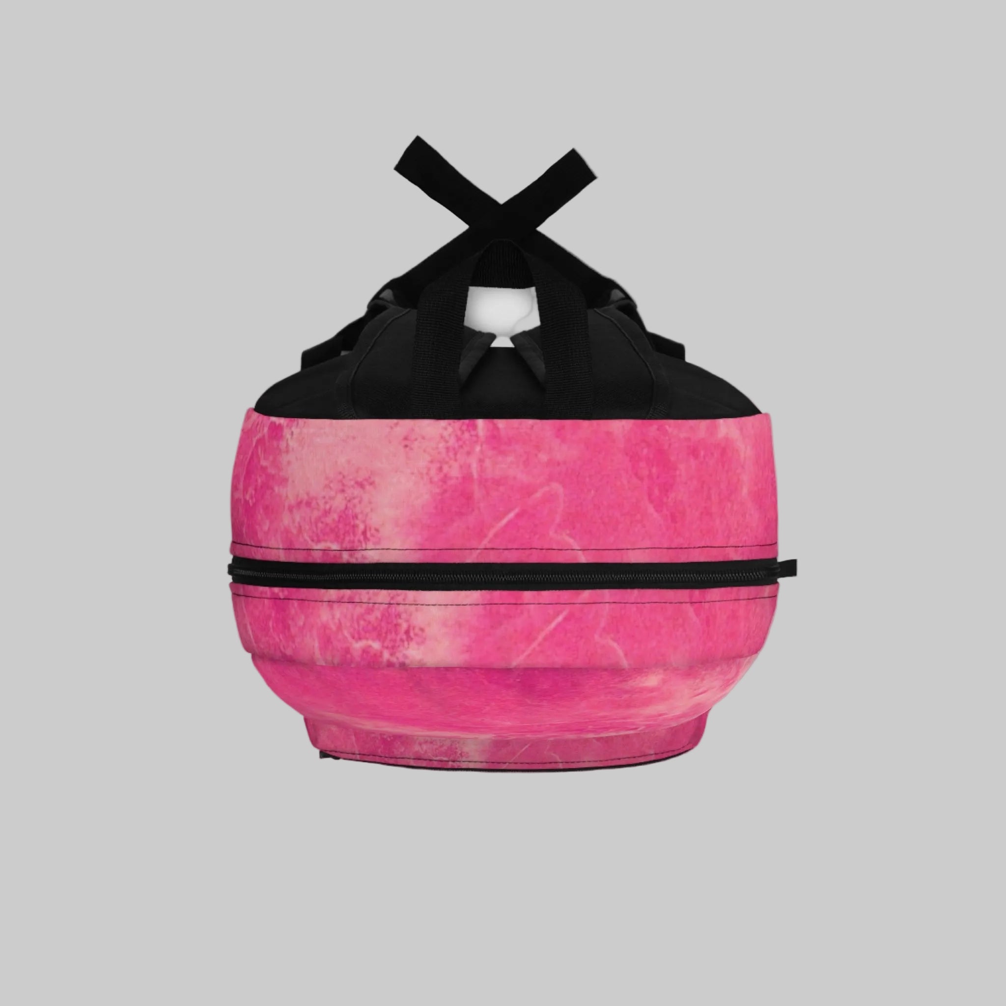 Pink and black backpack with a hot pink marble pattern - top view - strong black straps