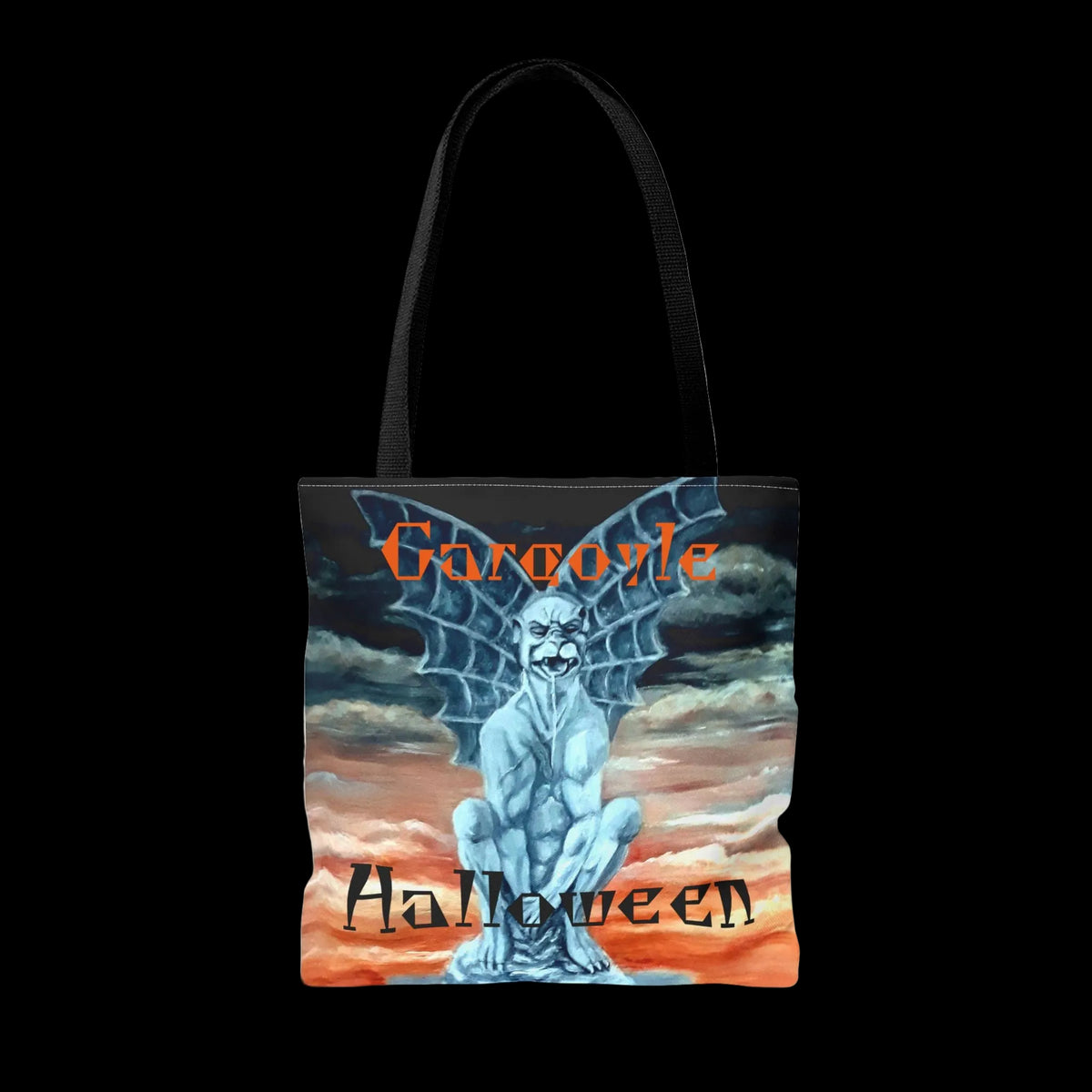 Tote bag with a gargoyle design and 'Halloween' text in sturdy construction