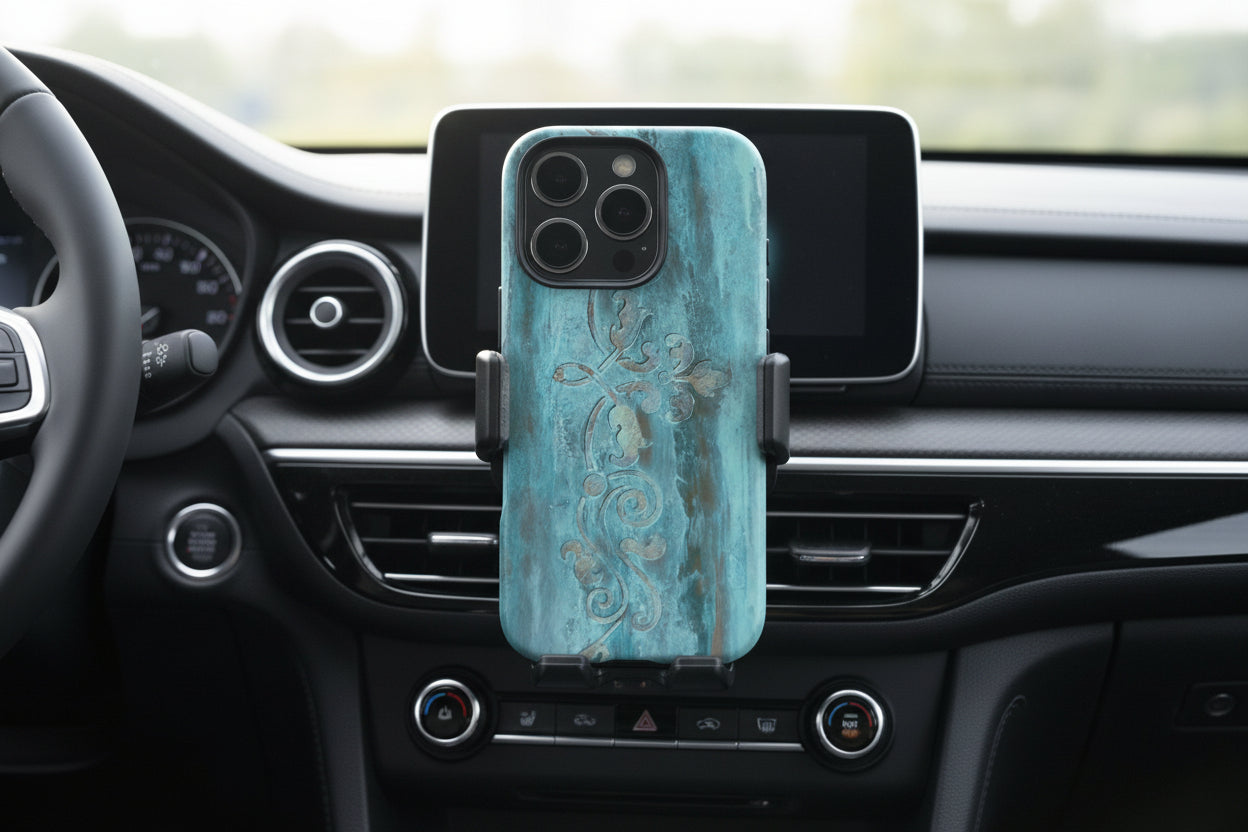 Classy Teal Phone case embossed with sophisticated scroll work that is super tough and durable