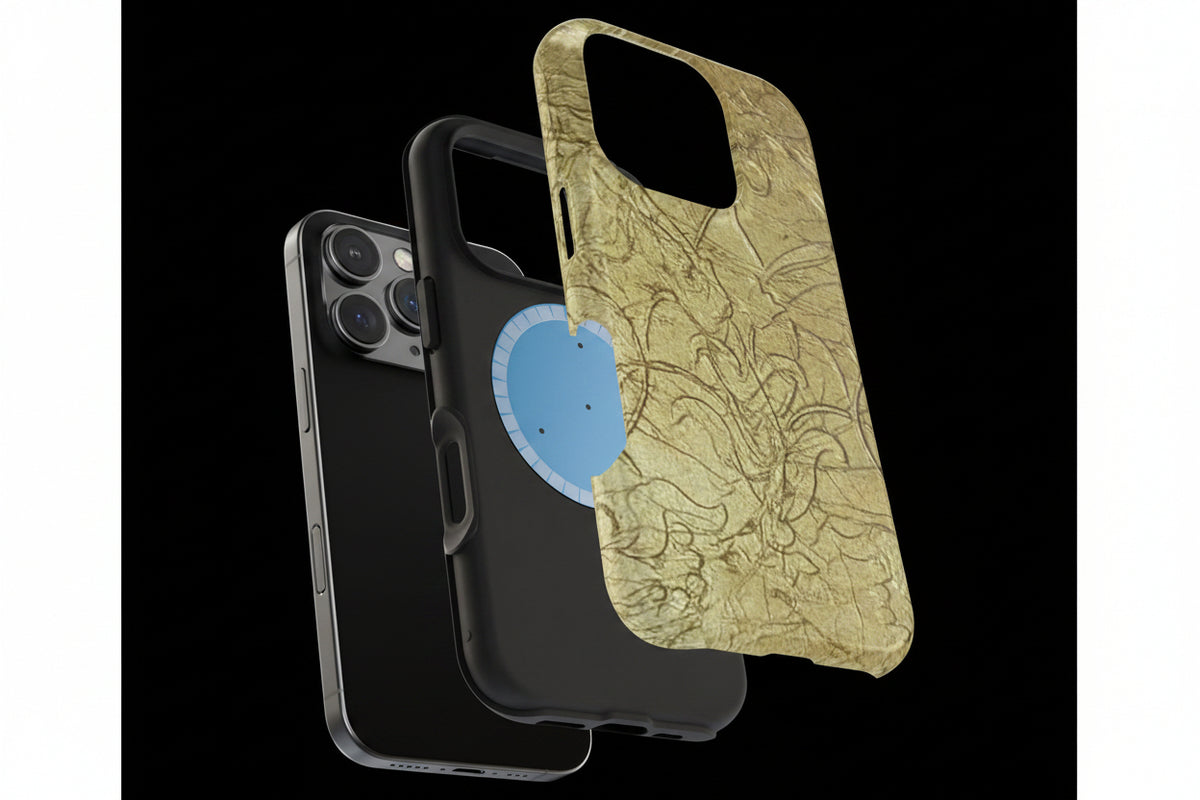 i Phone case in tough dual layer construction with TPU liner for impact resistance and gold swirl outer design in glossy or matte finish