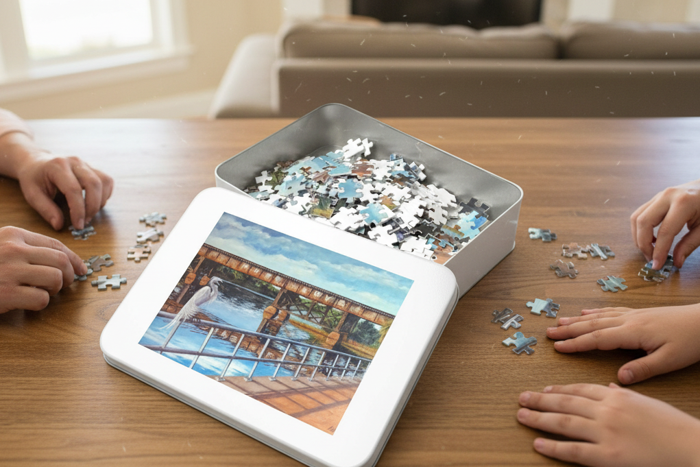 Jigsaw puzzle in a metal tin with a picture of it's painting on the lid - 11" x 14"