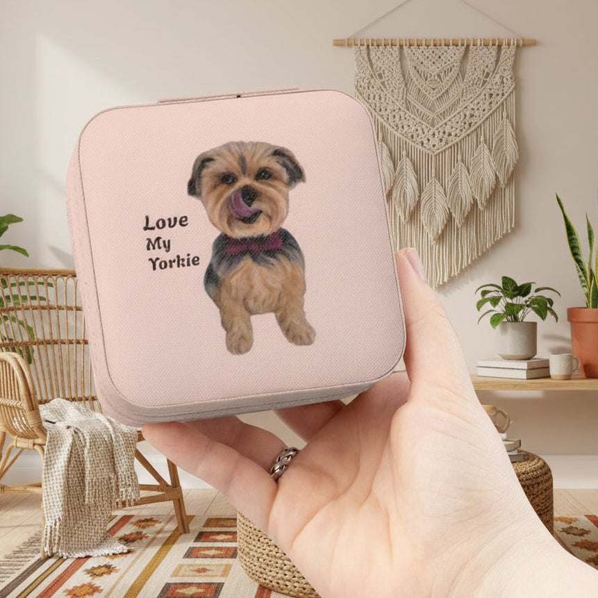 Yorkie illustrated Travel Jewelry Case being held