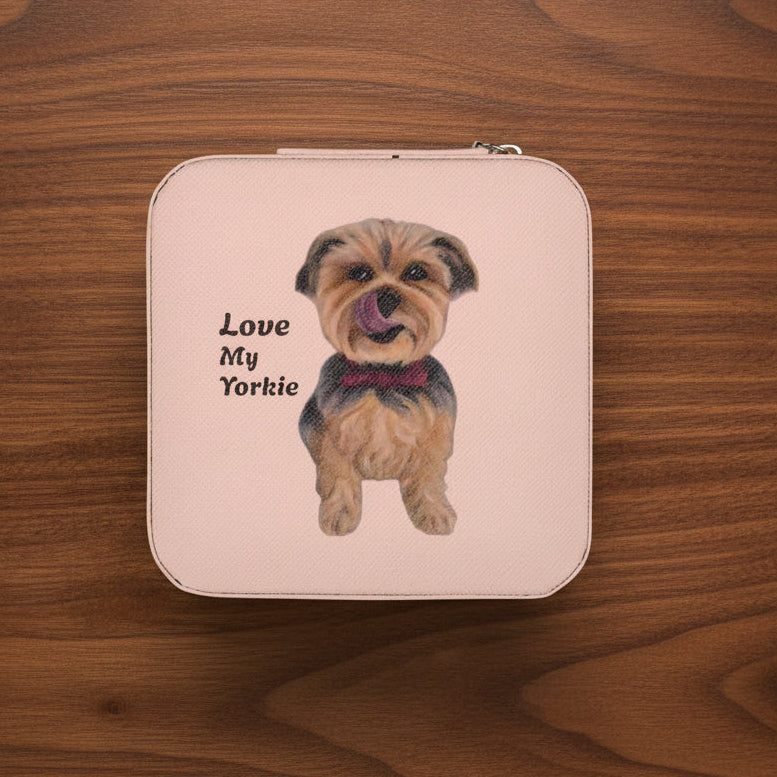 Pink traveler's jewelry case that says I love my Yorkie next to cute Yorkie painting