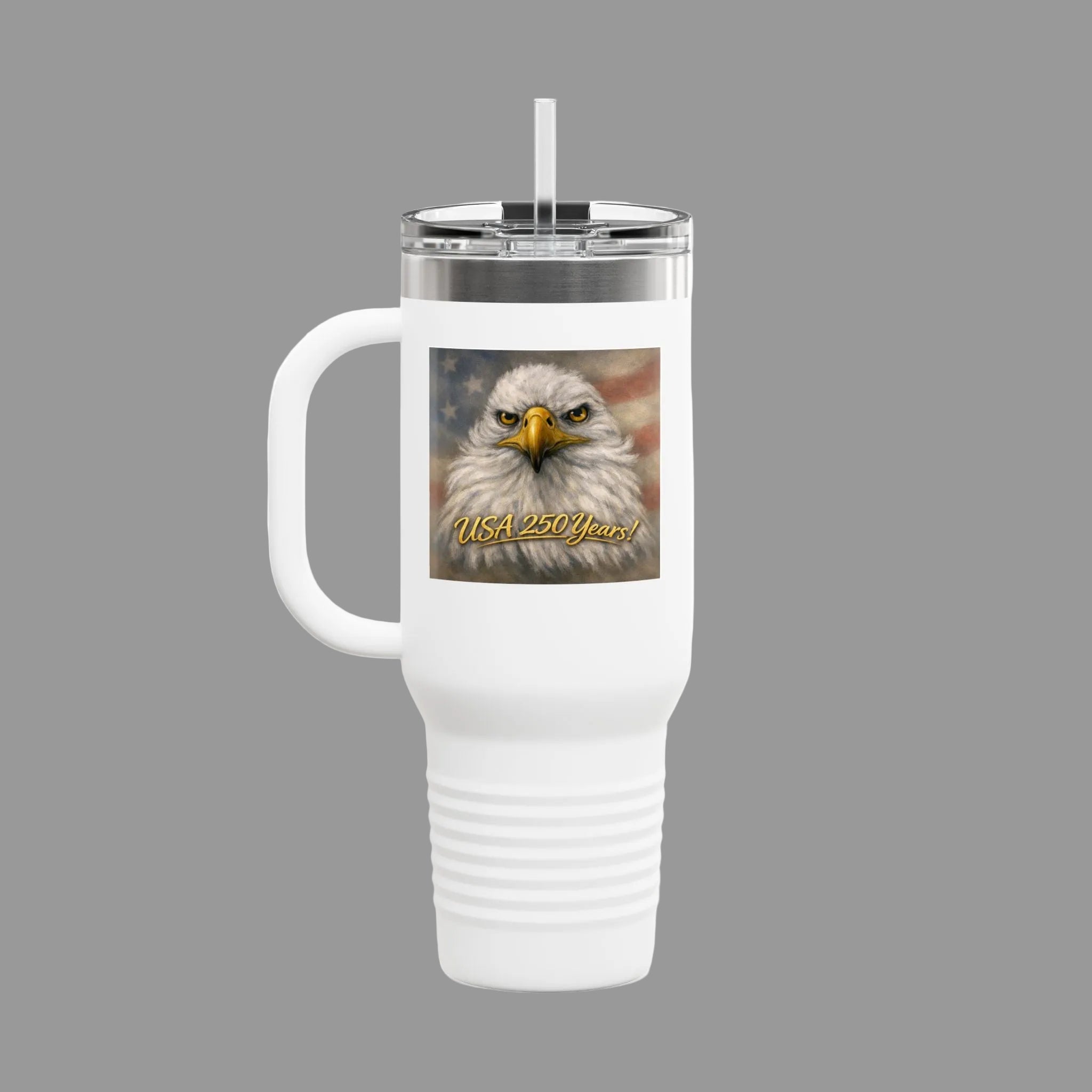 White travelers mug with a bald eagle painting and 'USA 250 Years!'