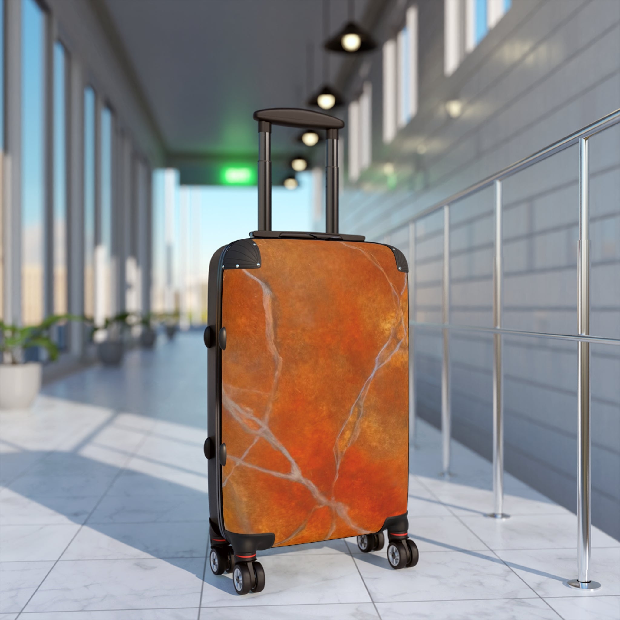 Red Orange marble suitcase on 360 swivel wheels - built in security - 100% polycarbonate