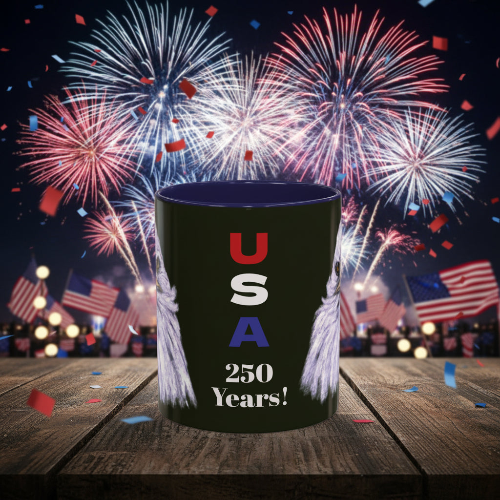 Black mug with 'USA 250 Years!' Navy accents and bald eagle portraits