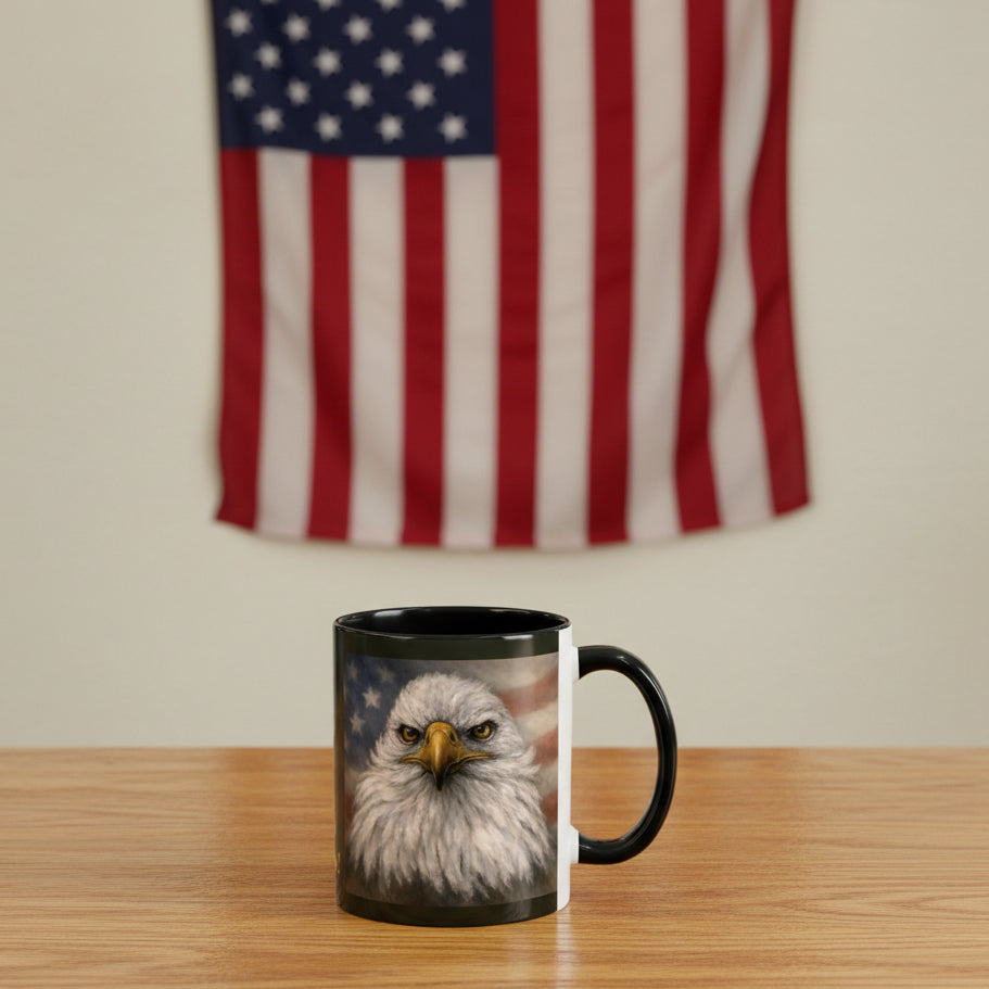 11oz/15 oz mug with a design of bald eagles and American flag - black accents