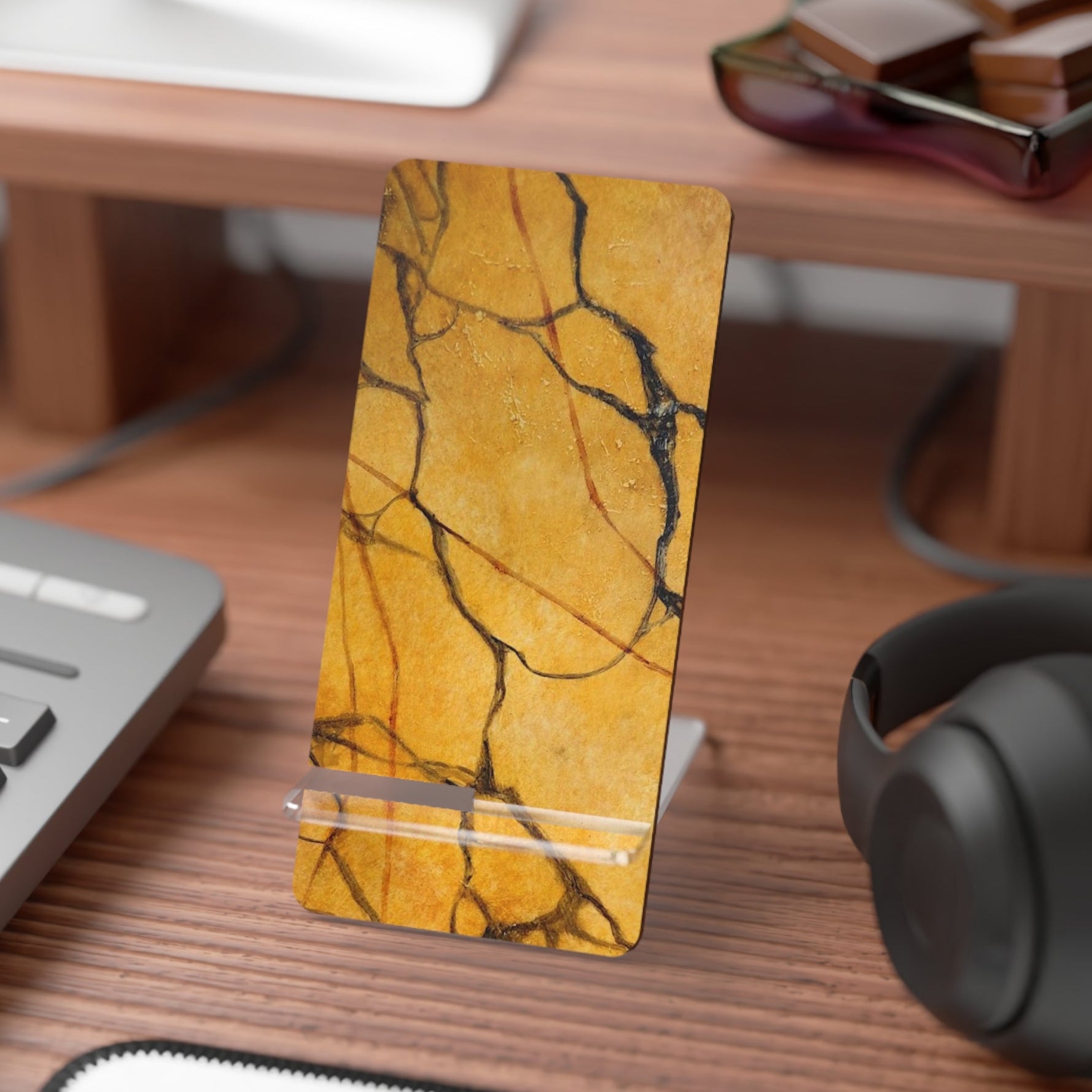 Phone stand in painted Unique Gold Marble design fits anywhere for your smartphone