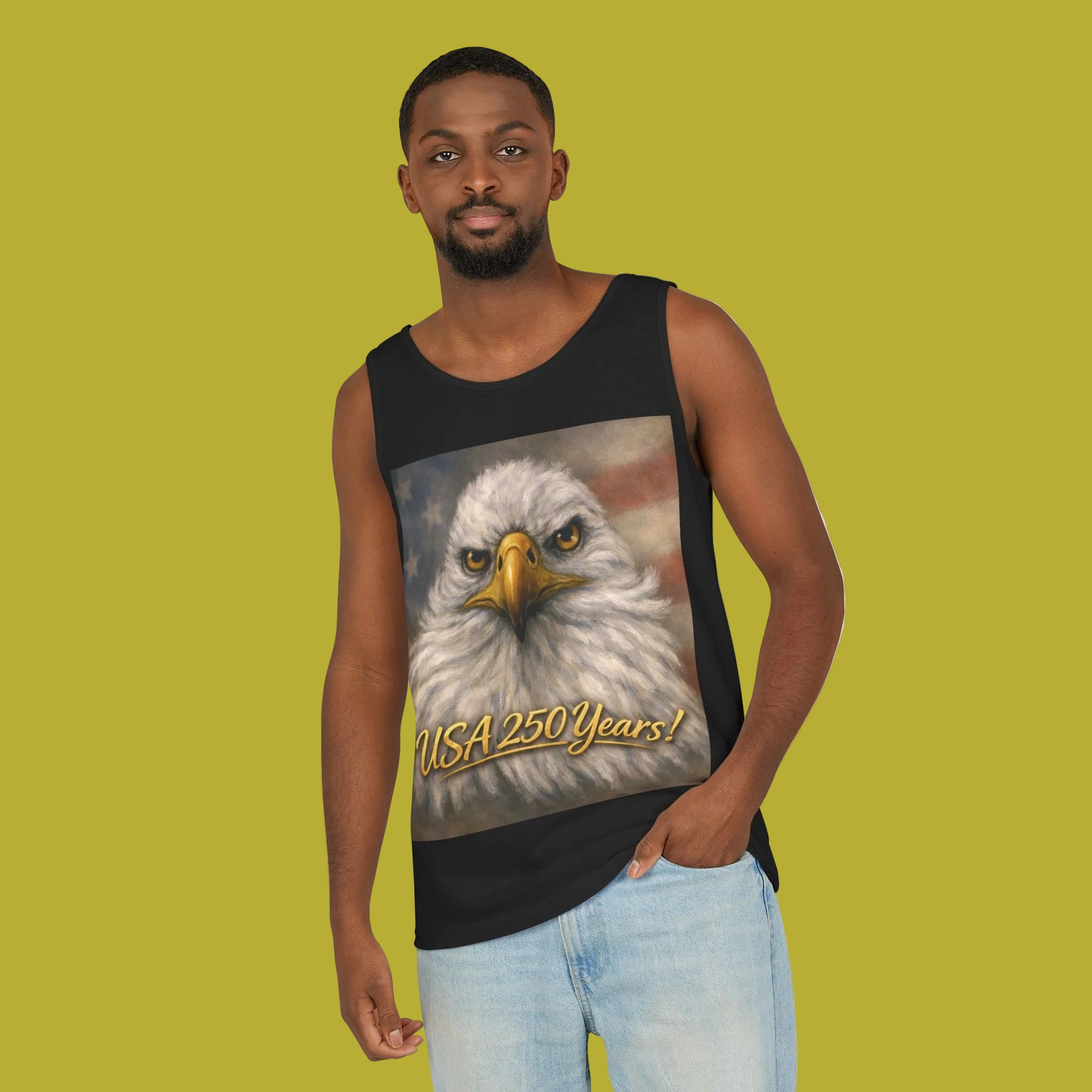Man wearing a tank top with an eagle painting and 'USA 250 Years!'