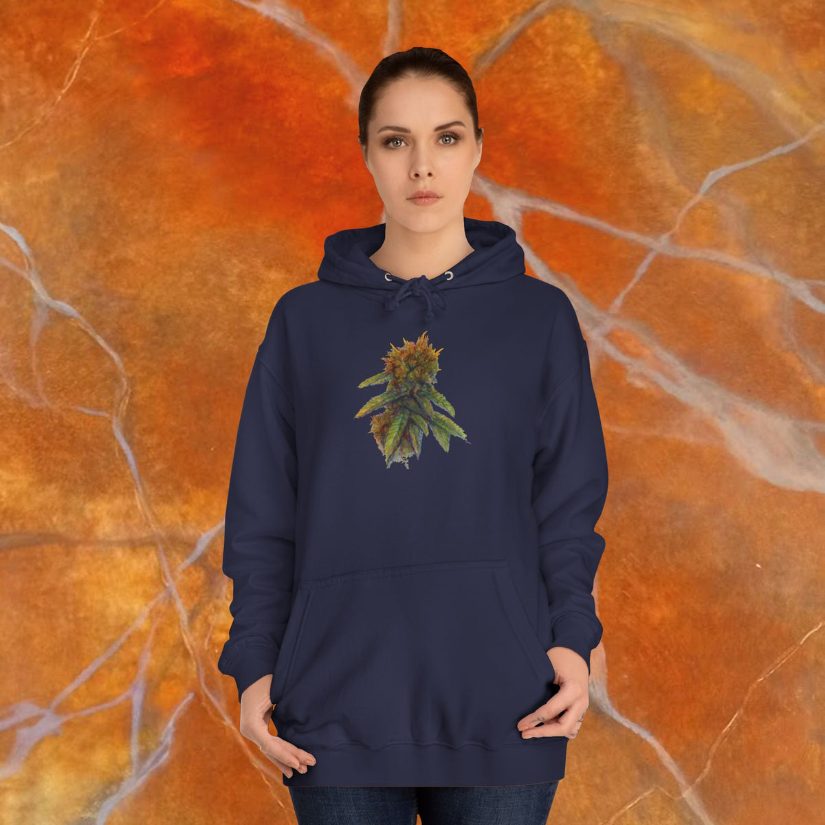 Unisex adult navy blue hoodie with a green and orange cannabis leaf graphic on the chest . Loose fit with kangaroo pocket
