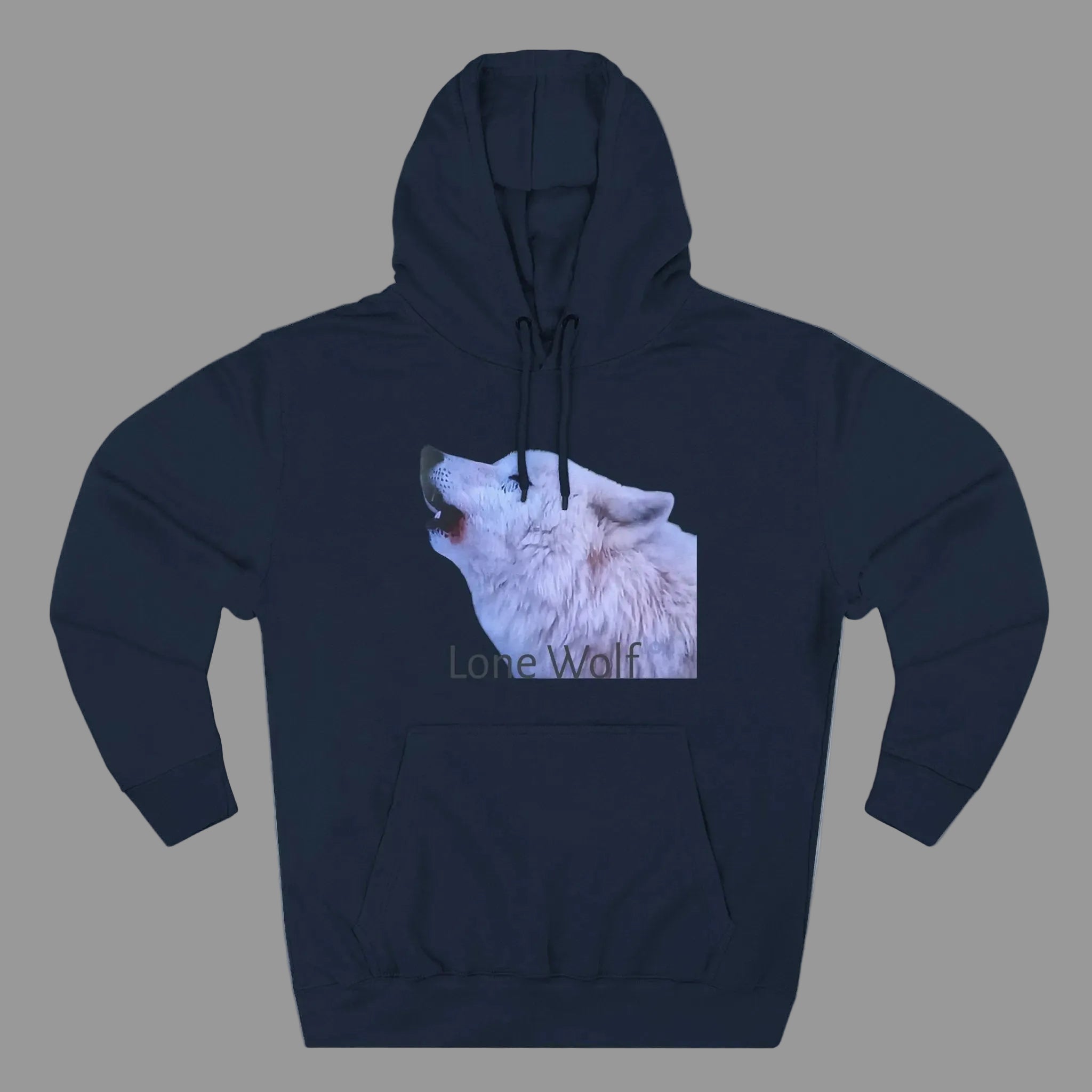 Navy blue hoodie with a wolf graphic and 'Lone Wolf' 80% cotton / 20% polyester