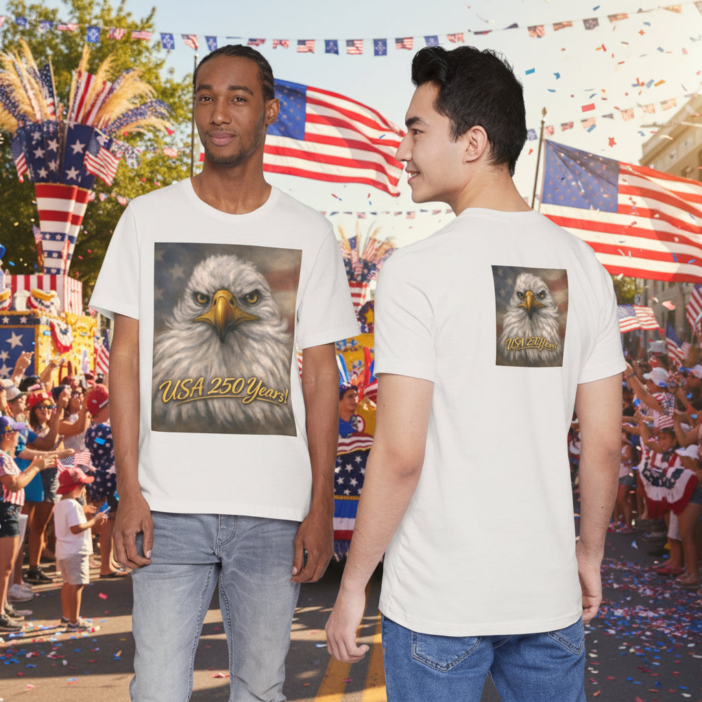 Unisex white t-shirt with an eagle design and 'USA 250 Years' text - 5 colors - all sizes