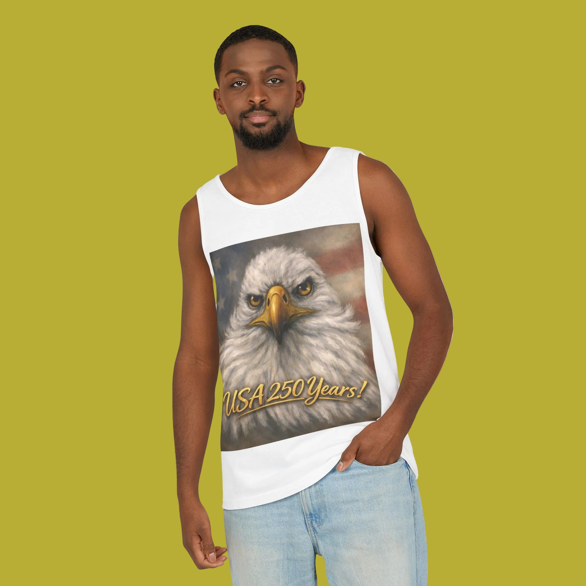 Man wearing a white tank top with an eagle painting and 'USA 250 Years!'